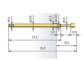 Igła testowa 1021/G-D0850-3.0N-AU-0.8X5.0/1.8, raster2,54 (100 mil)