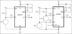 Tiny, Low-Cost, Single/Dual-Input, Fixed-Gain Microphone Amplifiers with Integrated Bias