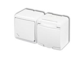 JUNIOR IP54 Wyłącznik schodowy z gniazdem pojedynczym z uziemieniem (klapka biała: przesłony torów prądowych) biały WGHH-3p KARL