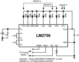 Multi-display inductorless LED driver with 32 exponential dimming steps in micro SMD