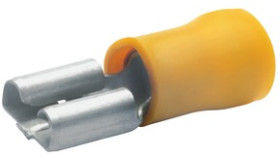 Insulated flat plug sleeve, 6.3 x 0.8 mm, 4.0 to 6.0 mm², AWG 12 to 10, bronze, tin-plated, yellow, 750BZ