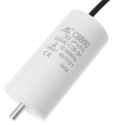 Kondensator rozruchowy do silnika 30uF 450VAC, przewody 15cm, 45x90mm