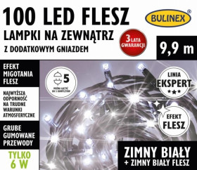 Kurtyna świetlna zewnętrzna FLESZ 100 LED lampki z gn. biały / flesz 9,9m dł. + 1,5m, łącz. max 5 kpl. 230V 6W IP44 25-462