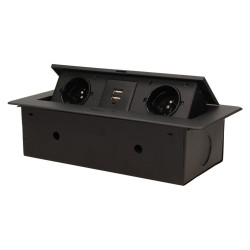Gniazdo meblowe wpuszczane w blat z płaskim frezowanym rantem i ładowarką USB. 2x2P+Z. 2xUSB. czarny OR-AE-13109/B