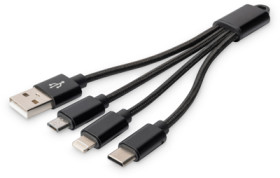 USB 2.0 charging cable, USB plug type A to USB plug type C/Micro-USB plug type B/Lightning plug, 0.15 m, black, DB-300160-002-S