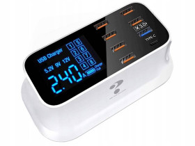 SZYBKA ŁADOWARKA DO TELEFONU 8 x USB QC 3.0 TYP C BIURKOWA SIECIOWA LCD 40W