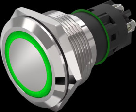 Vandal-proof pushbutton, silver, illuminated  (green), mounting Ø 22 mm, IP65/IP67, 82-6152.1133