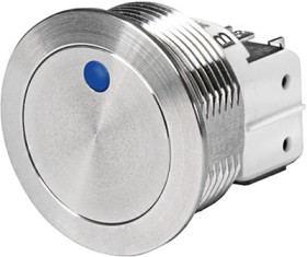 Vandal-proof pushbutton, 1 pole, silver, illuminated  (blue), 100 mA/30 VDC, mounting Ø 30 mm, 30.1 mm, IP66/IP67, 3-147-573