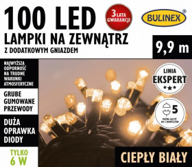 Lampki choinkowe 100 LED biały ciepły ZEWNĘTRZNE 9,9m lampki z dodatkowym gniazdem 25-858