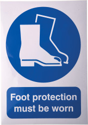 Znak nakazu, Winyl, Biały, Foot Protection Must Be Worn-Tekst Angielski, szt. 1, Tak Etykieta