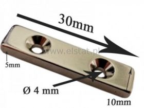 Magnes neodymowy prostokąt 30x10x5mm +otwor2/8/4mm