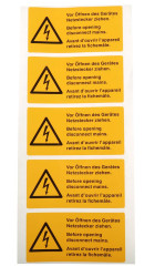 Etykieta bezpieczeństwa Żółty tekst Vor Öffnen des Gerätes Netzstecker ziehen. Before opening disconnect mains. Avant