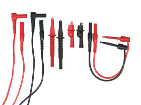 Zestaw przewodów pomiarowych, zawartość: Dwa zaciski krokodylkowe z wyjmowanymi izolatorami, dwa mini haczyki z