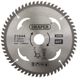 Draper 21644 TCT Circular Saw Blade for Laminate &amp; Wood, 185 x 25.4mm, 60T