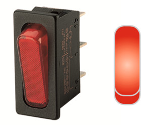 Rocker switch, red, 1 pole, On-Off, off switch, 20 (4) A/250 VAC, 10 (8) A/250 VAC, IP40, illuminated, unprinted, 1830.3112