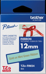 TZE-RM34 Ribbon tape, gold on mint green, 12 mm