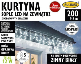 Kurtyna świetlna zewnętrzna 200l sople z dod.gniazdem 10m +1,5m przewodu zasilającego przewód biały barwa światła biała 75-664
