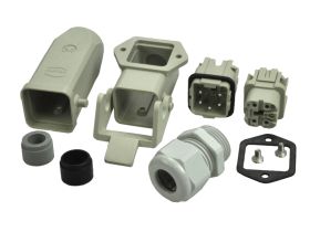 Złącze gniazdo+wtyk; Han Kit; 10200040004; 4 tory; 3A; plastik; kątowe 90°; wtyk w obudowie na przewód; śrubowy; z 1 klamrą; 10A