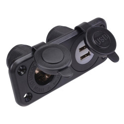 Dual USB-A + Cigarette Lighter Socket Panel Mount 12V/24V A13-142194BPD-BB3
