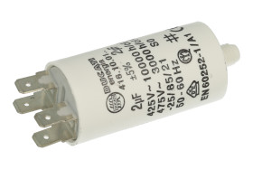 Kondensator; polipropylenowy; silnikowy (rozruchowy); 416100164; 2uF; 425V AC; fi 28x55mm; konektory 6,3mm; śruba bez nakrętki;