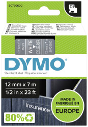 Taśma do nadruku D1 DYMO S0720600, 12 mm x 7 m, Kolor taśmy: przeźroczysty / Kolor nadruku: biały DYMO S0720600, 12 mm x
