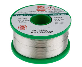 Lut bez ołowiu średnica 0.38mm RS PRO 0% Pb temp. topnienia 228°C 250g 0.5% Cu 99.5% Zn