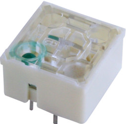 Short-stroke pushbutton, 1 Form A (N/O), 100 mA/35 V AC/DC, illuminated, green, actuator (transparent, L 0.7 mm), 2.9 N, THT, 3.