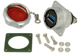 Gniazdo; USB 3.0; WY24KUSB3.0Z; na panel z kołnierzem; z osłonką; proste; 24mm; srebrno-czarny; złocone; IP67; stop cynku chromo