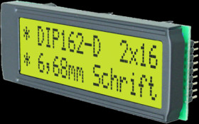 LCD text display, 2 x 16 character, STN, viewing area: 61 x 19 mm, EA DIP162-DHNLED