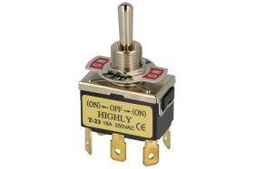 Przełącznik; dźwigniowy; T-23CS-M2; 3*2; (ON)-OFF-(ON); 2 tory; 3 pozycje; monostabilny; na panel; konektory 6,3x0,8mm; 15A; 250