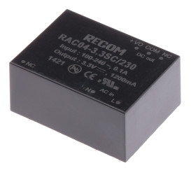 Zasilacz impulsowy nap. wyjściowe: 3.3V dc 4W 1.2A 1 wyjście nap. wejściowe: 80 → 264V ac Do montażu na płytce