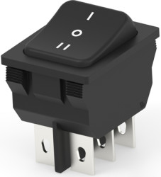 Rocker switch, black, 2 pole, On-Off-On, changeover switch, 16 A/125 VAC, 10 A/250 VAC, unlit, printed, 1-1634201-2