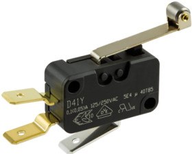 Miniature snap-action switche, On-On, plug-in connection, roller lever, 0.86 N, 0.1 (0.5) A/250 VAC, D413-V3RD
