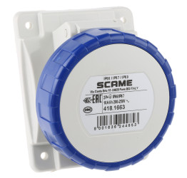 Wzmocnione złącze zasilania 16A Gniazdo 230 V 2P + E Żeński Scame Niebieski Montaż na panelu, IP67