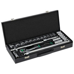 Zestaw kluczy nasadowych 1/2” 25 elem. metalowe pudełko, grzechotka 90T STALCO S011100025