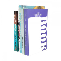 Biała podpórka pod książki z napisem Book