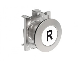 Metalowy przycisk płaski fi30mm kryty samoczynny powrót z symbolem R Biały LPFB1178