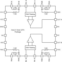 High-fidelity audio operational amplifier with integrated thin-film resistors and EMI filtering