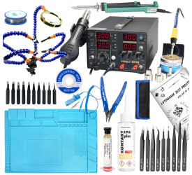 Zestaw stacja lutownicza 853D 5A 30V groty cyna topnik odsysacz pincety uchwyt cążki mata opaska IPA plecionka