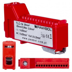 Listwa zaciskowa bezgwintowa LZB czerwona 14-torowa 63A na szynę DIN TH35 (1x 25mm2 + 13x 2,5mm2) PAWBOL