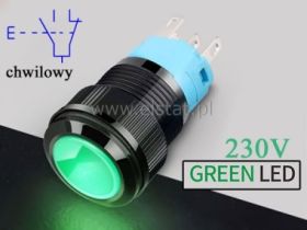 Przycisk chwilowy 16mm; zielony LED 230V; ON-OFF