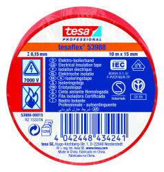 Taśma izolacyjna Czerwony szerokość: 15mm grubość: 150mm długość: 10m Miękki PVC 7000V Tesa