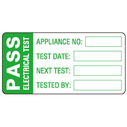 Pass Electrical Test Labels, Green Mark &amp; Seal, 60 x 30mm, Roll of 500