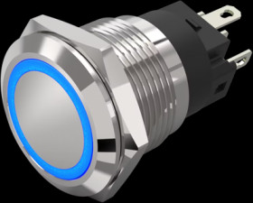 Vandal-proof pushbutton switch, silver, illuminated  (blue), mounting Ø 19 mm, IP65/IP67, 82-5151.2123
