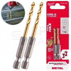 Wiertło do metalu HSS-G TIN 3,2x66,5mm RED HEX z uchwytem 1/4" Shockwave MILWAUKEE Blister 2szt