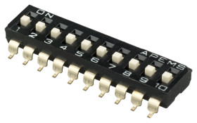 Przełącznik DIP 10-pozycyjny SPST SMD 100 mA przy 50 V DC (liniowy), 25 mA przy 24 V DC (impulsowy) -20 → +85°C