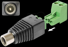 65423 DC 2.1 x 5.5 mm socket &gt; 2-pin terminal block, 2-part