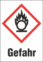 Hazardous goods sign, symbol: GHS03/text: &quot;Gefahr&quot;, (W) 26 mm, plastic, 013.26-9-37X26-W1 / 36 ST