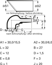 Heat shrinkable molded part, to 3:1, angled, S1 (30/30 mm), S2 (14.5/6 mm), 411-54480