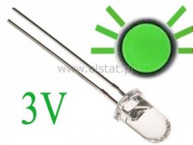 LED 5mm migająca zielona clear; 30mcd; Uf= max 3V